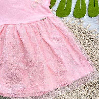 Vestido em malha e tule Rosa Borboleta 